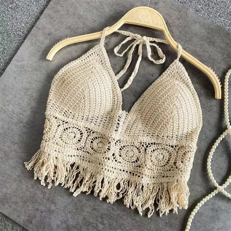 Mulheres praia colheita topos oco cover-ups perspectiva borla sexy cinta de espaguete swinwear sutiã embutido backlless halter pescoço