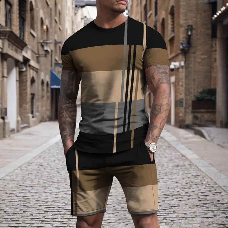 Verão novos conjuntos de listra de roupas esportivas masculinas de manga curta camiseta terno shorts de grandes dimensões esportes roupa de duas peças roupas masculinas topos