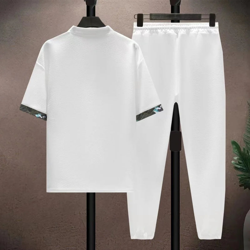 Conjunto de duas peças de seda gelo estilo retrô chinês masculino, conjunto solto, calça comprida de manga curta, moda esportiva casual, verão, novidade, 2025