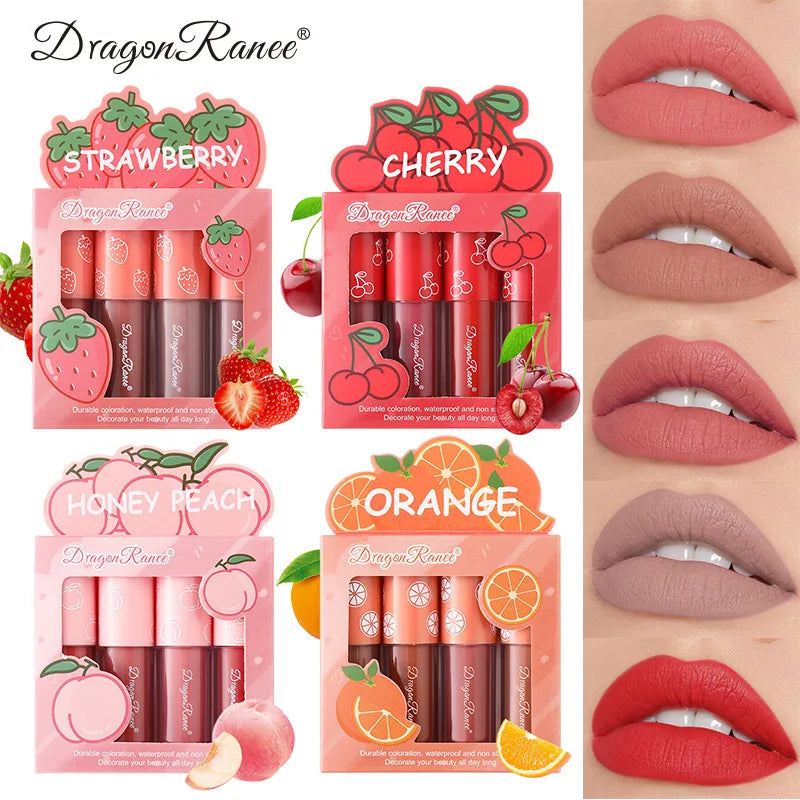 Mini veludo fosco lip gloss set, não-desbotamento, antiaderente copo, de longa duração, frutas perfumadas, suave e leve, 4 peças