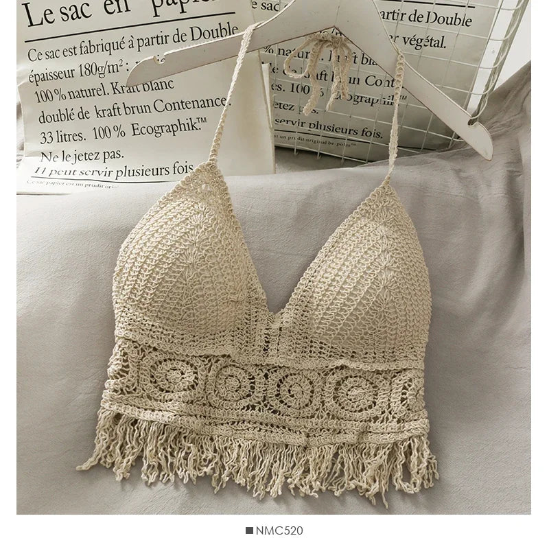 Mulheres praia colheita topos oco cover-ups perspectiva borla sexy cinta de espaguete swinwear sutiã embutido backlless halter pescoço