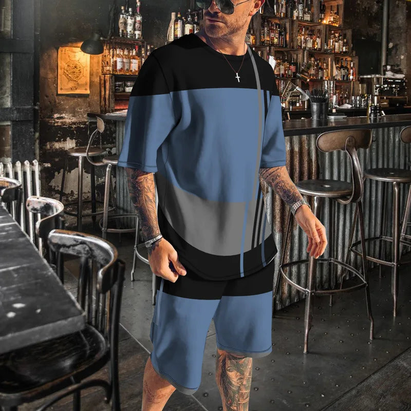 Verão novos conjuntos de listra de roupas esportivas masculinas de manga curta camiseta terno shorts de grandes dimensões esportes roupa de duas peças roupas masculinas topos