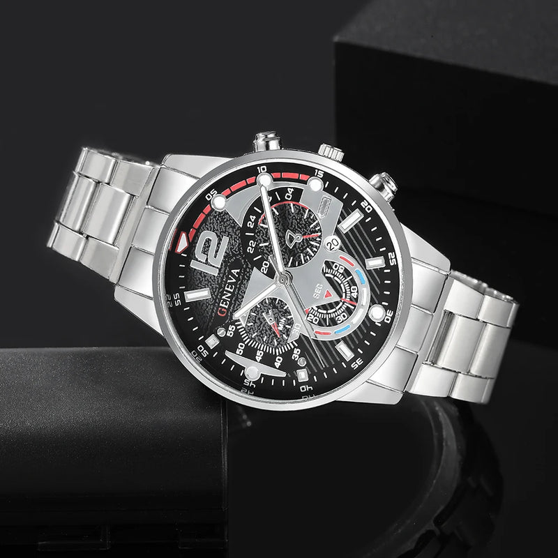 3 unidades/conjunto, calendário masculino relógio de quartzo de aço inoxidável, conjunto de colar e pulseira, escolha ideal para presentes