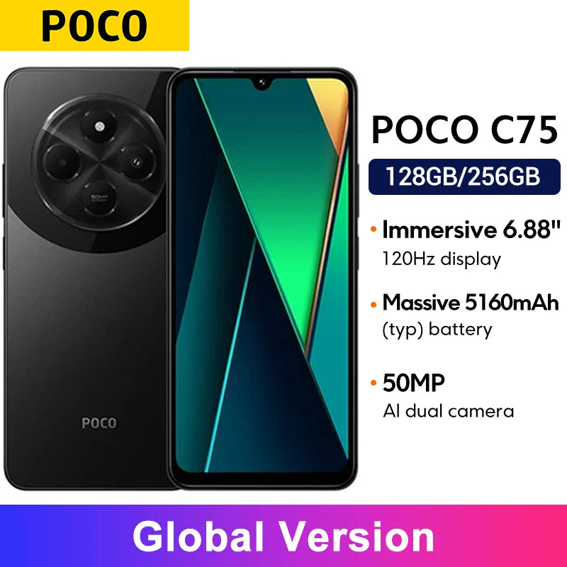 Poco c75 versão global helio G81-Ultra 5160mah bateria xiaomi hyperos nfc 6.88 ''120hz display 50mp ai câmera dupla