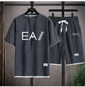 Verão masculino de duas peças tecido de linho casual camiseta e agasalho masculino moda de manga curta
