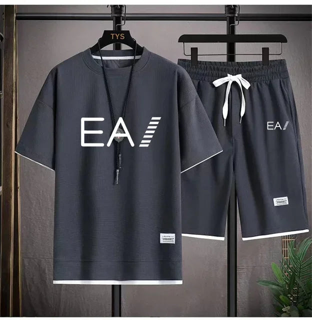 Verão masculino de duas peças tecido de linho casual camiseta e agasalho masculino moda de manga curta