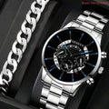 2 pçs de luxo masculino relógio de negócios calendário aço inoxidável grande dial relógios para homens moda esportes casual relógio de pulso quartzo