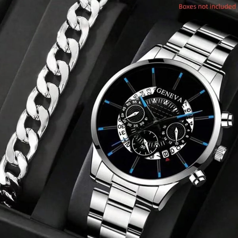 2 pçs de luxo masculino relógio de negócios calendário aço inoxidável grande dial relógios para homens moda esportes casual relógio de pulso quartzo