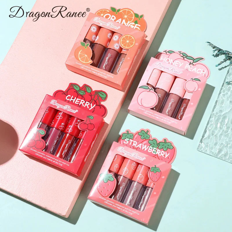 Mini veludo fosco lip gloss set, não-desbotamento, antiaderente copo, de longa duração, frutas perfumadas, suave e leve, 4 peças