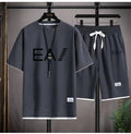 Verão masculino de duas peças tecido de linho casual camiseta e agasalho masculino moda de manga curta