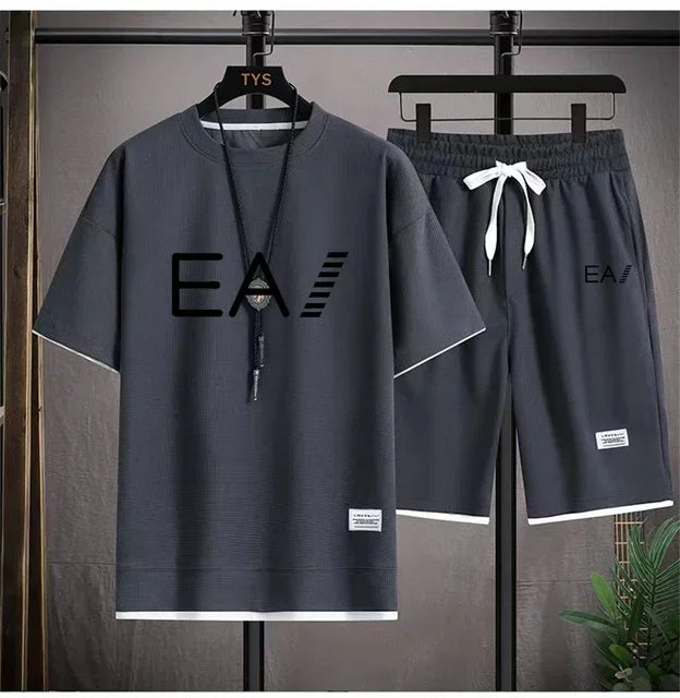 Verão masculino de duas peças tecido de linho casual camiseta e agasalho masculino moda de manga curta