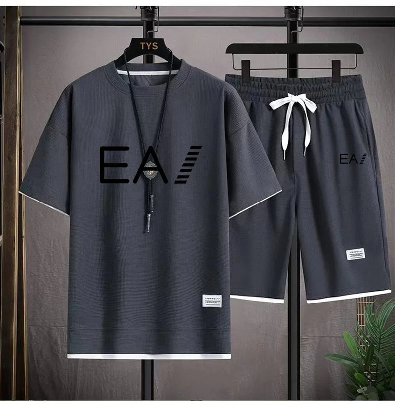 Verão masculino de duas peças tecido de linho casual camiseta e agasalho masculino moda de manga curta