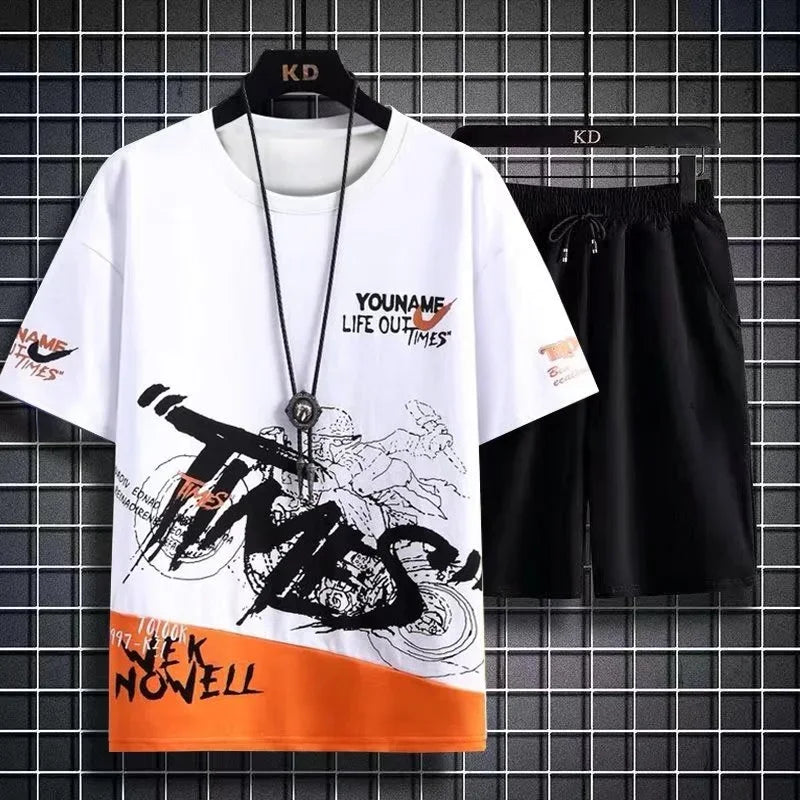 Conjunto masculino verão moda casual secagem rápida manga curta 3d impresso moda t camisa de poliéster + shorts conjunto de basquete