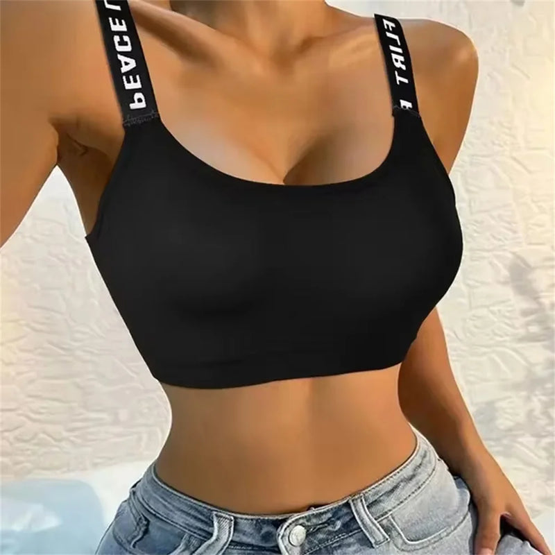 Roupa interior traseira com a letra traseira para mulheres, sutiã sem underwire integrado com o coxim da caixa, correia do coração, aptidão, ioga