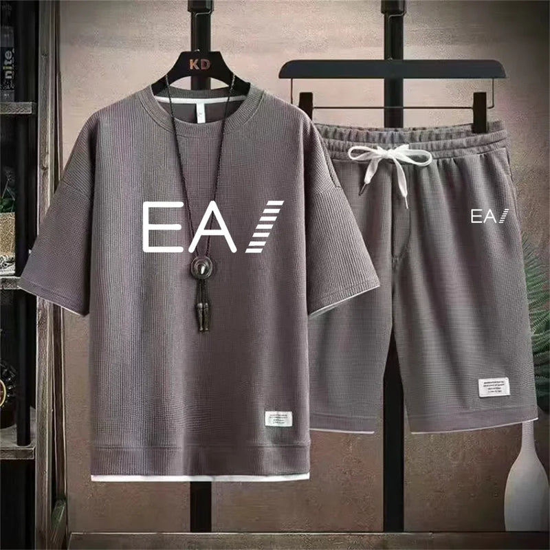 Verão masculino de duas peças tecido de linho casual camiseta e agasalho masculino moda de manga curta