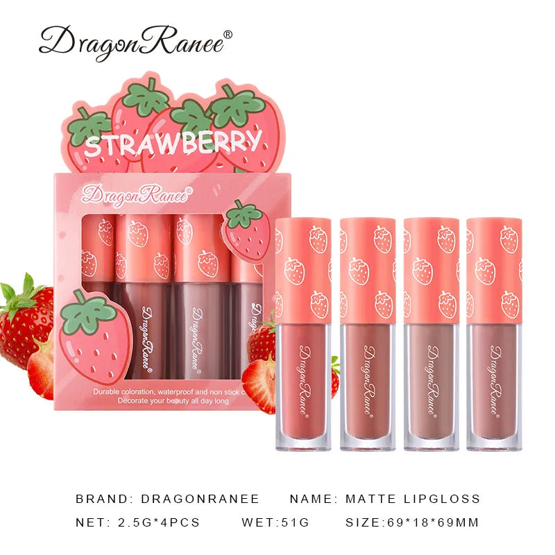 Mini veludo fosco lip gloss set, não-desbotamento, antiaderente copo, de longa duração, frutas perfumadas, suave e leve, 4 peças