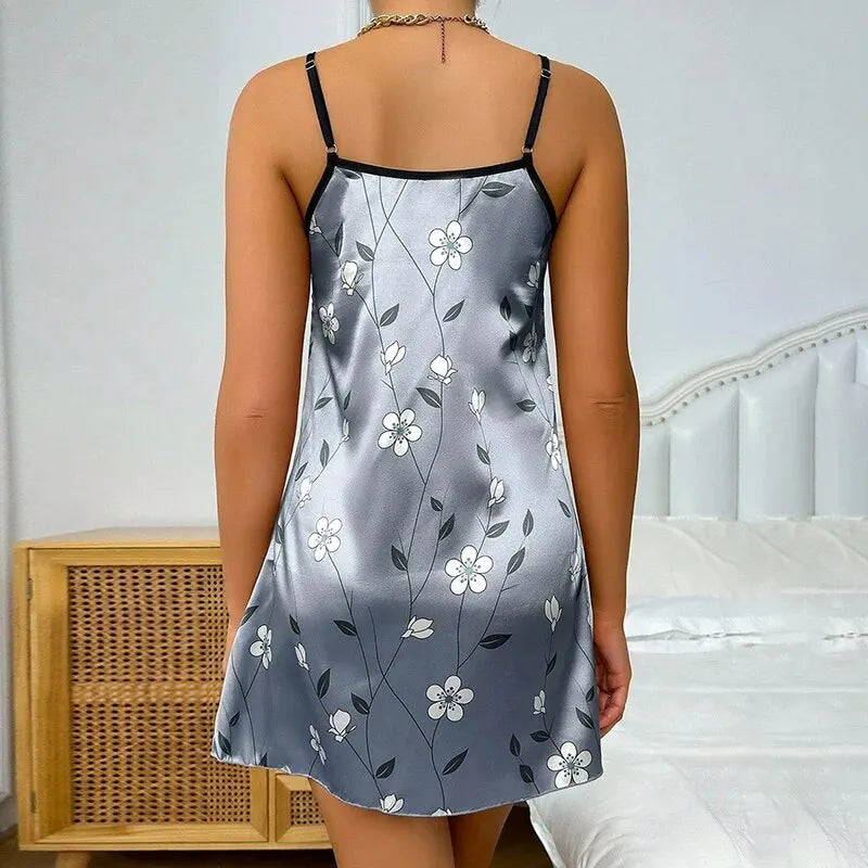 Camisola estampada floral cetim feminino, confortável spaghetti cinta sleepwear, camisola deslizamento luxuoso