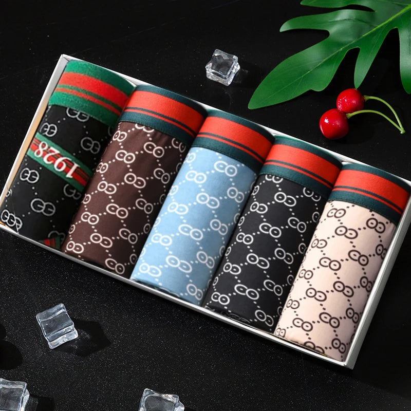 Boxer convexo respirável U dos homens, roupa interior confortável, shorts estampados, calcinha masculina, cuecas plus size, 5 peças por lote