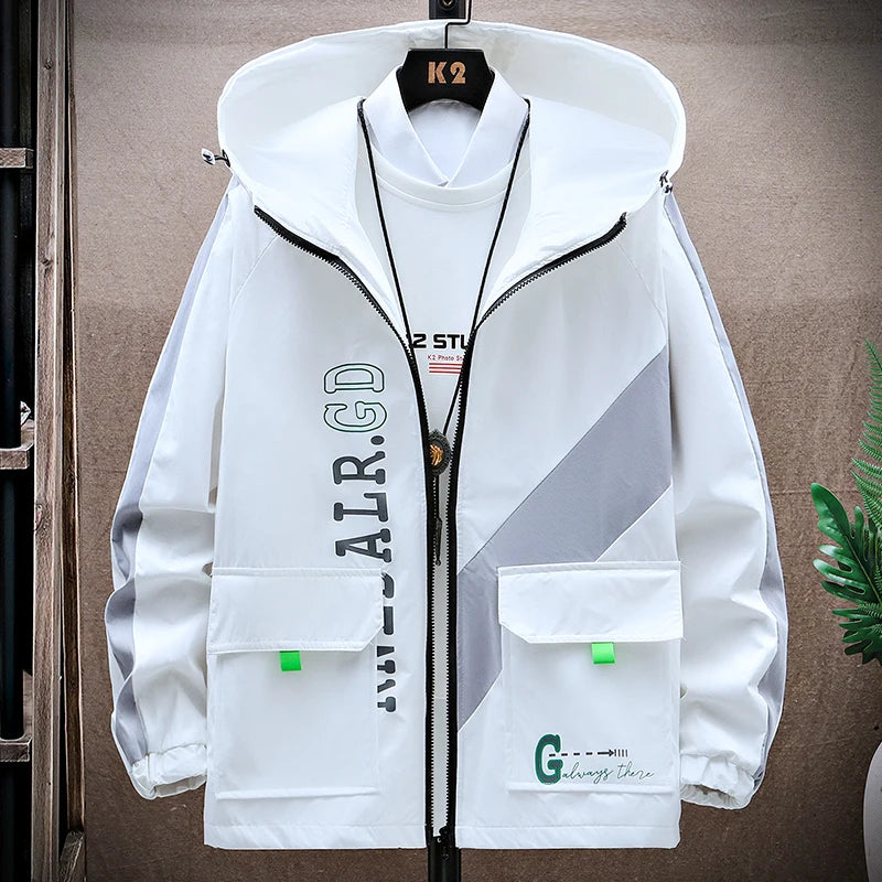 Jaqueta de zíper justa com capuz masculina, corta-vento, moda casual, primavera e outono, novo estilo, 2024