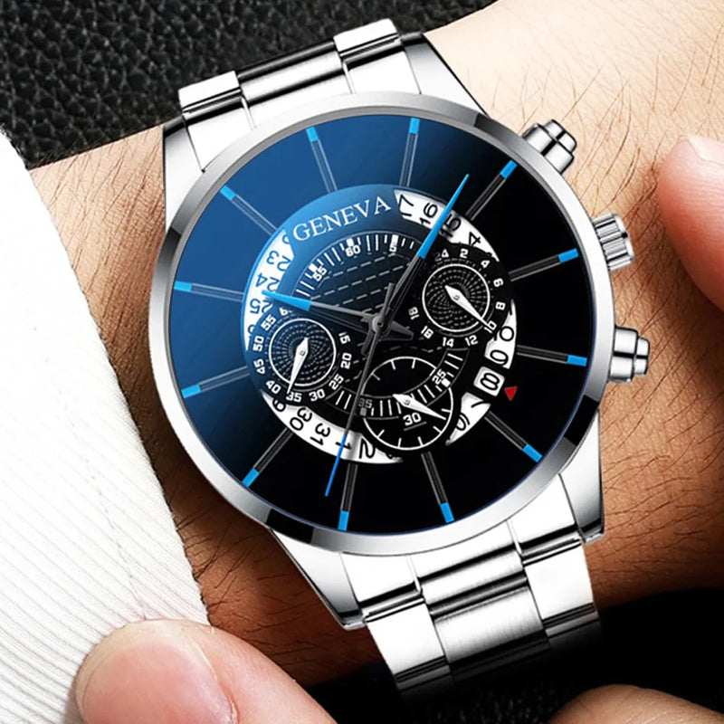 2 pçs de luxo masculino relógio de negócios calendário aço inoxidável grande dial relógios para homens moda esportes casual relógio de pulso quartzo