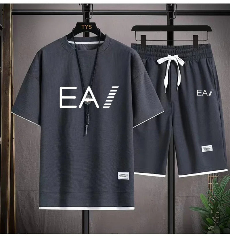 Verão masculino de duas peças tecido de linho casual camiseta e agasalho masculino moda de manga curta