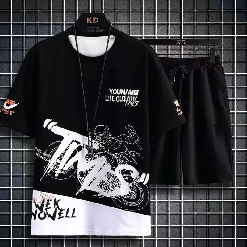 Conjunto masculino verão moda casual secagem rápida manga curta 3d impresso moda t camisa de poliéster + shorts conjunto de basquete