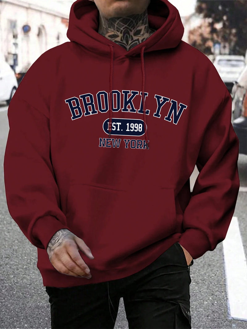 Hoodie masculino de gola redonda estampado em Nova York, agasalho extragrande, capuz Harajuku, Brooklyn Est, moda outono, confortável, 1998