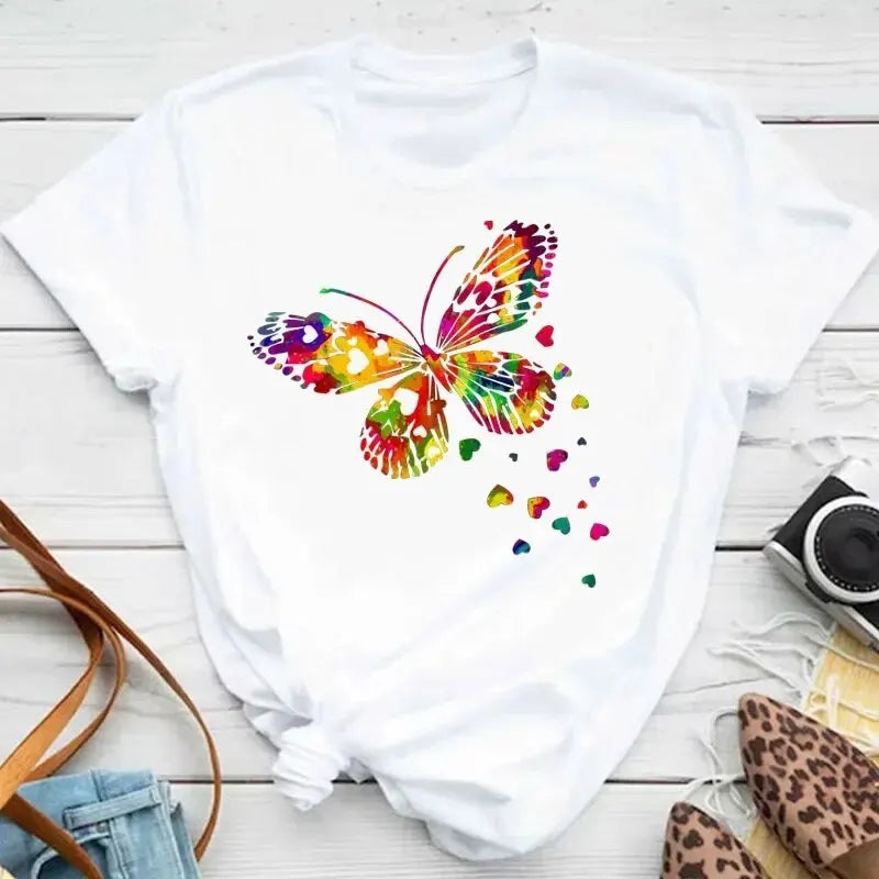 Camiseta colorida de pétala de borboleta feminina, manga curta, gola redonda, camisetas gráficas fofas, tops femininos, roupas da moda