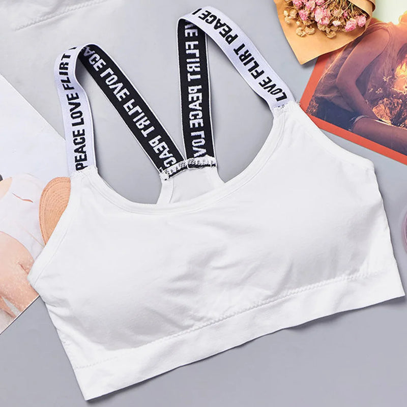 Roupa interior traseira com a letra traseira para mulheres, sutiã sem underwire integrado com o coxim da caixa, correia do coração, aptidão, ioga