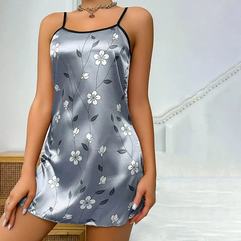 Camisola estampada floral cetim feminino, confortável spaghetti cinta sleepwear, camisola deslizamento luxuoso