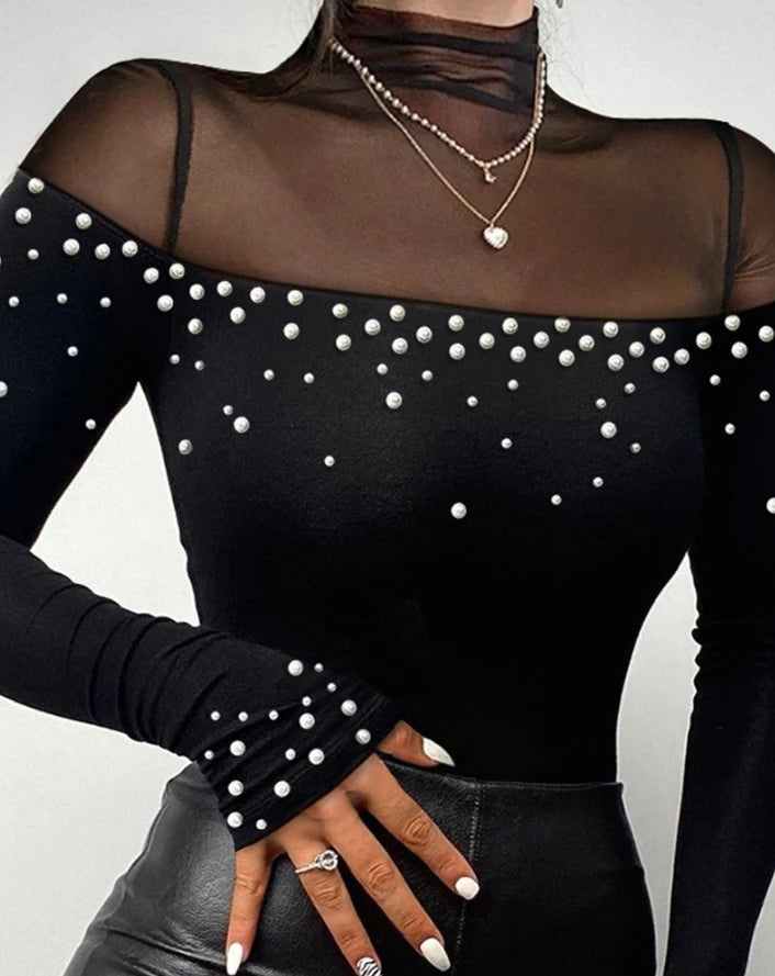 Top de remendo de malha transparente de manga comprida com gola alta Slim Fit frisado transparente blusa