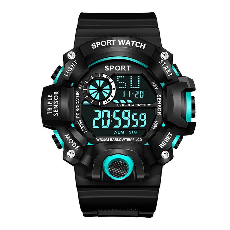 Moda masculina relógio de pulso eletrônico esportivo grande mostrador multifuncional à prova dwaterproof água alarme luminoso crianças relógio militar masculino