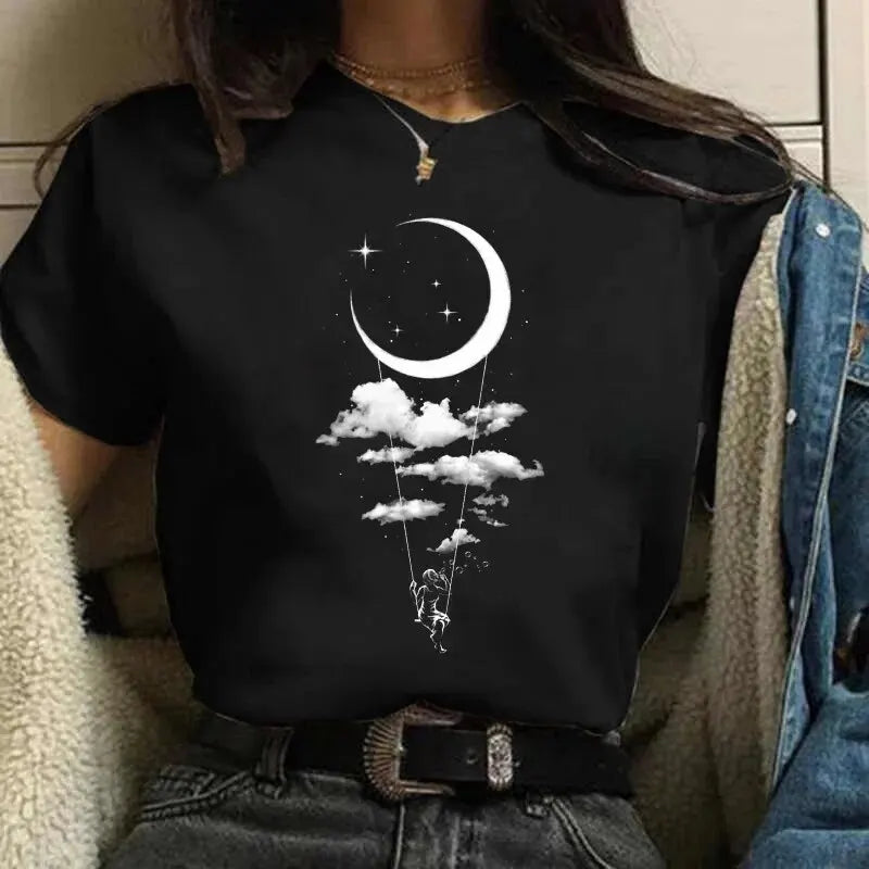 Lua harajuku engraçado 90s camiseta feminina menina dos desenhos animados gráfico impresso preto senhoras camiseta casual mulher camisa kawaii camiseta