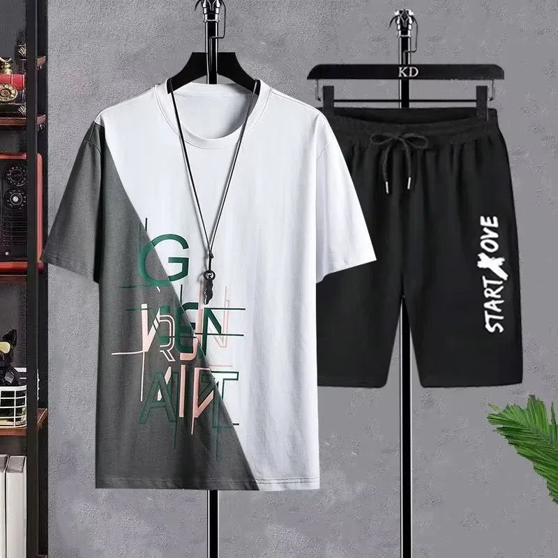 Conjunto masculino verão moda casual secagem rápida manga curta 3d impresso moda t camisa de poliéster + shorts conjunto de basquete