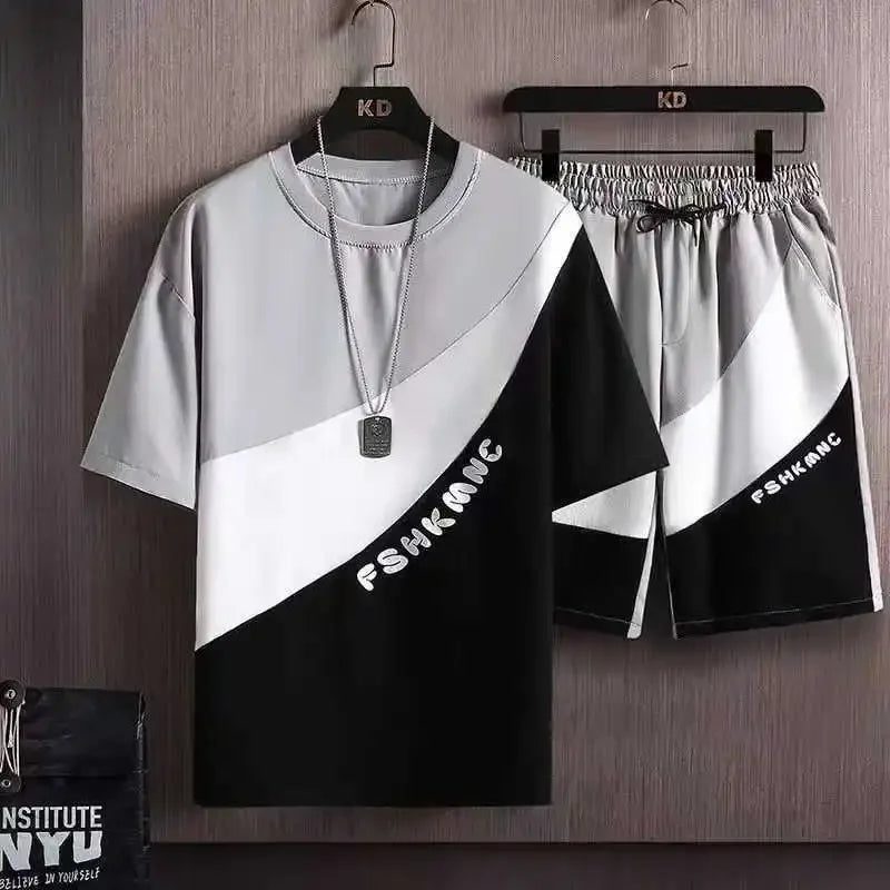 Verão t camisas para roupas masculinas casual gradiente conjunto tshirt verão correndo de duas peças oversize ginásio esporte calças curtas