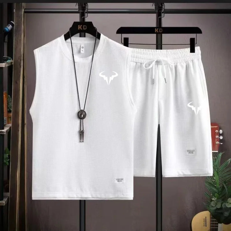 2025 conjuntos de verão waffle masculino casual camiseta + shorts conjunto masculino terno esportivo cor sólida treino ternos soltos