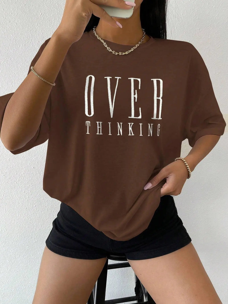 Sobre pensando carta impressão feminina algodão manga curta respirável vintage o-pescoço topos all-matemática camisetas casuais roupas femininas