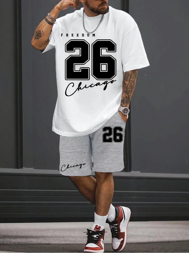 Trendy moda terno masculino 26 número padrão estampado em gola redonda short manga curta moda casual confortável e respirável