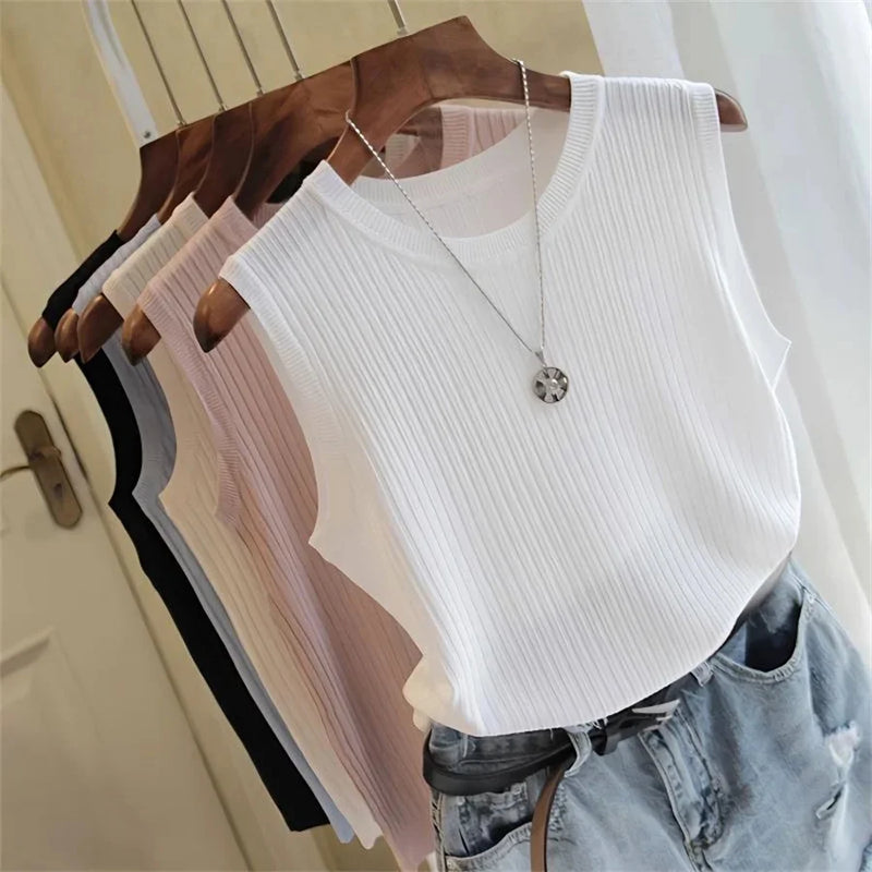 Blusa sem mangas de verão feminina, blusa de malha com gola redonda, roupas femininas, tops