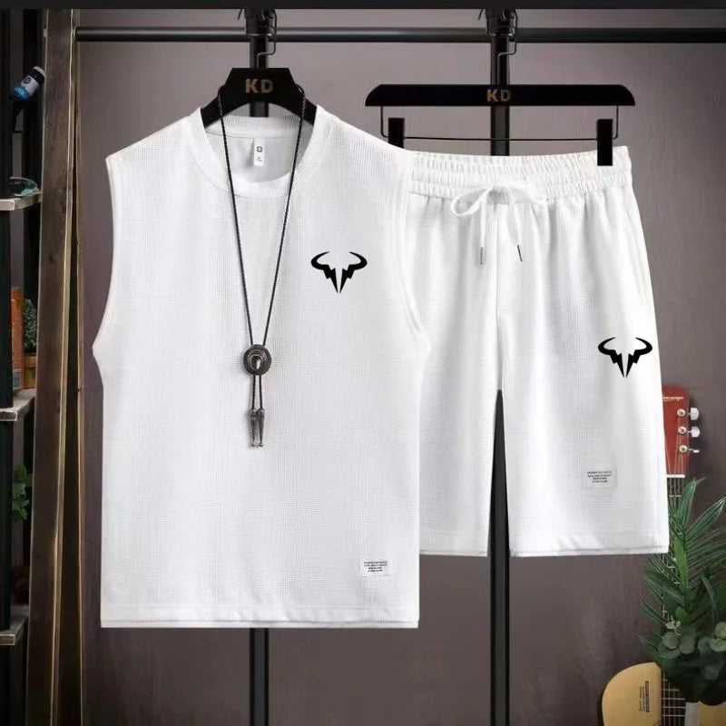 2025 conjuntos de verão waffle masculino casual camiseta + shorts conjunto masculino terno esportivo cor sólida treino ternos soltos