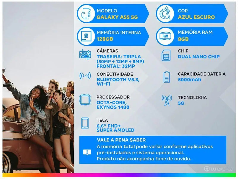 Smartphone Samsung Galaxy A55 128GB Azul Escuro 5G 8GB RAM 6,6" Câm. Tripla + Selfie 32MP Dual Chip