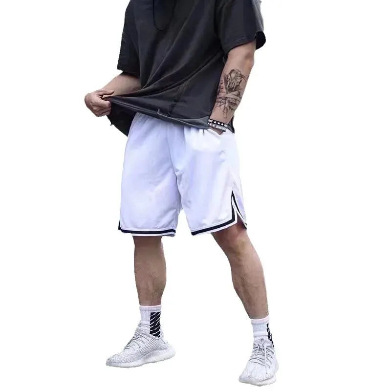 Calção esportiva casual de 5 pontos masculino, calça de basquete solta, fina de malha, roupa exterior, grande, tendência, verão
