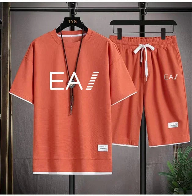 Verão masculino de duas peças tecido de linho casual camiseta e agasalho masculino moda de manga curta
