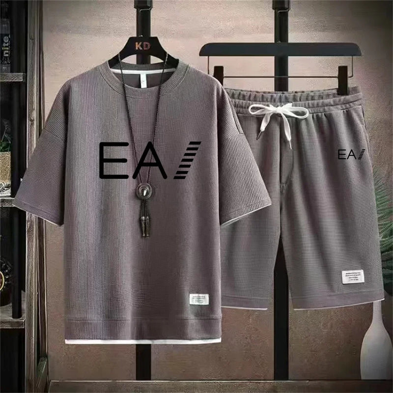 Verão masculino de duas peças tecido de linho casual camiseta e agasalho masculino moda de manga curta