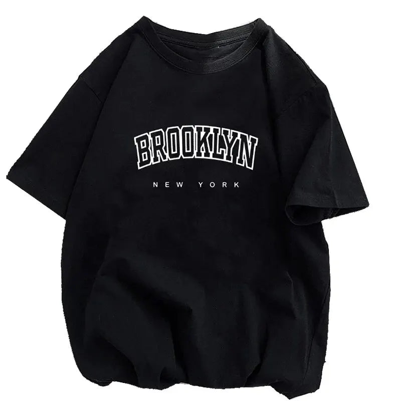 Camiseta esportiva casual feminina brooklyn new york impressão elástica em torno do pescoço tecido respirável manga curta camiseta de fitness