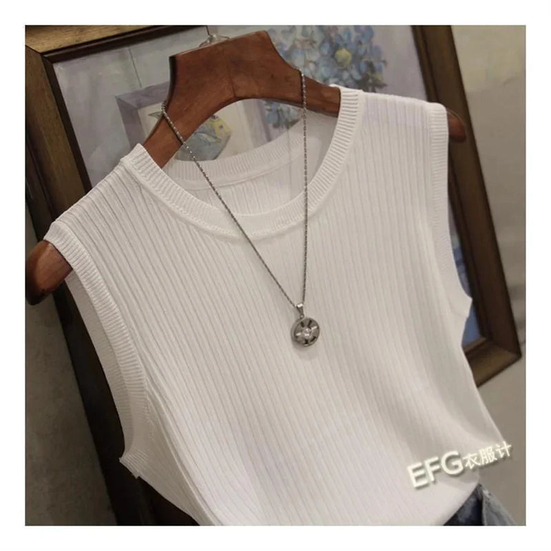 Blusa sem mangas de verão feminina, blusa de malha com gola redonda, roupas femininas, tops