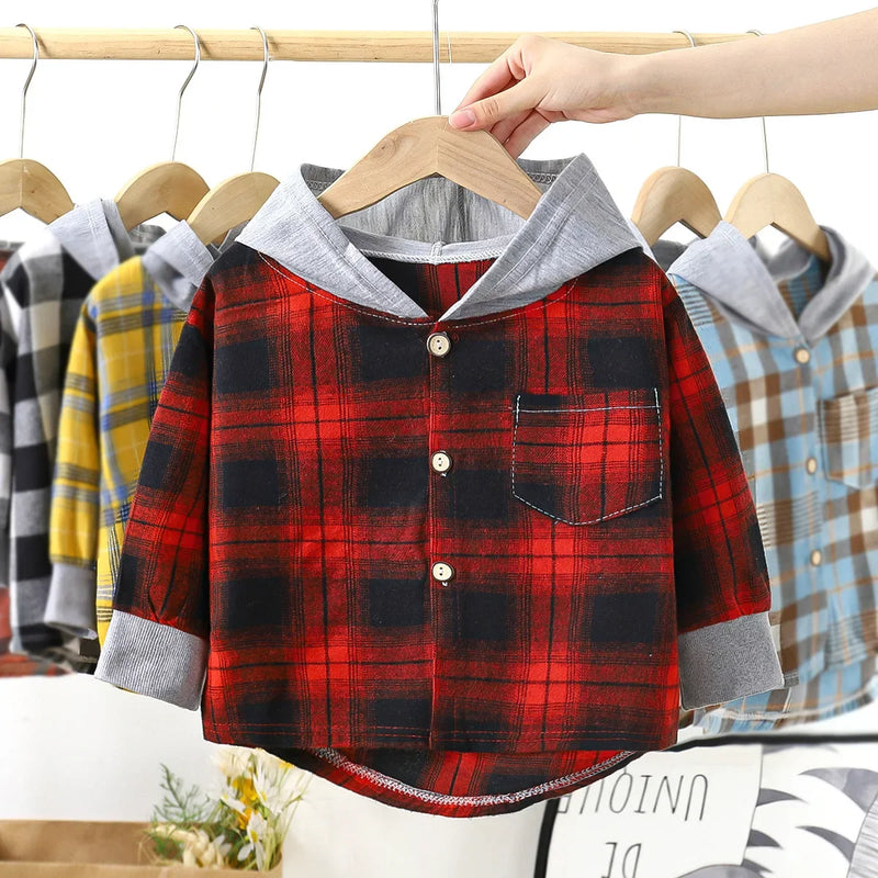 Camisas infantis com capuz, roupas infantis para meninos e meninas, camisas xadrez, casaco para primavera e outono, jaqueta de manga comprida, roupas de fundo
