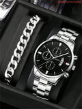 2 pçs de luxo masculino relógio de negócios calendário aço inoxidável grande dial relógios para homens moda esportes casual relógio de pulso quartzo