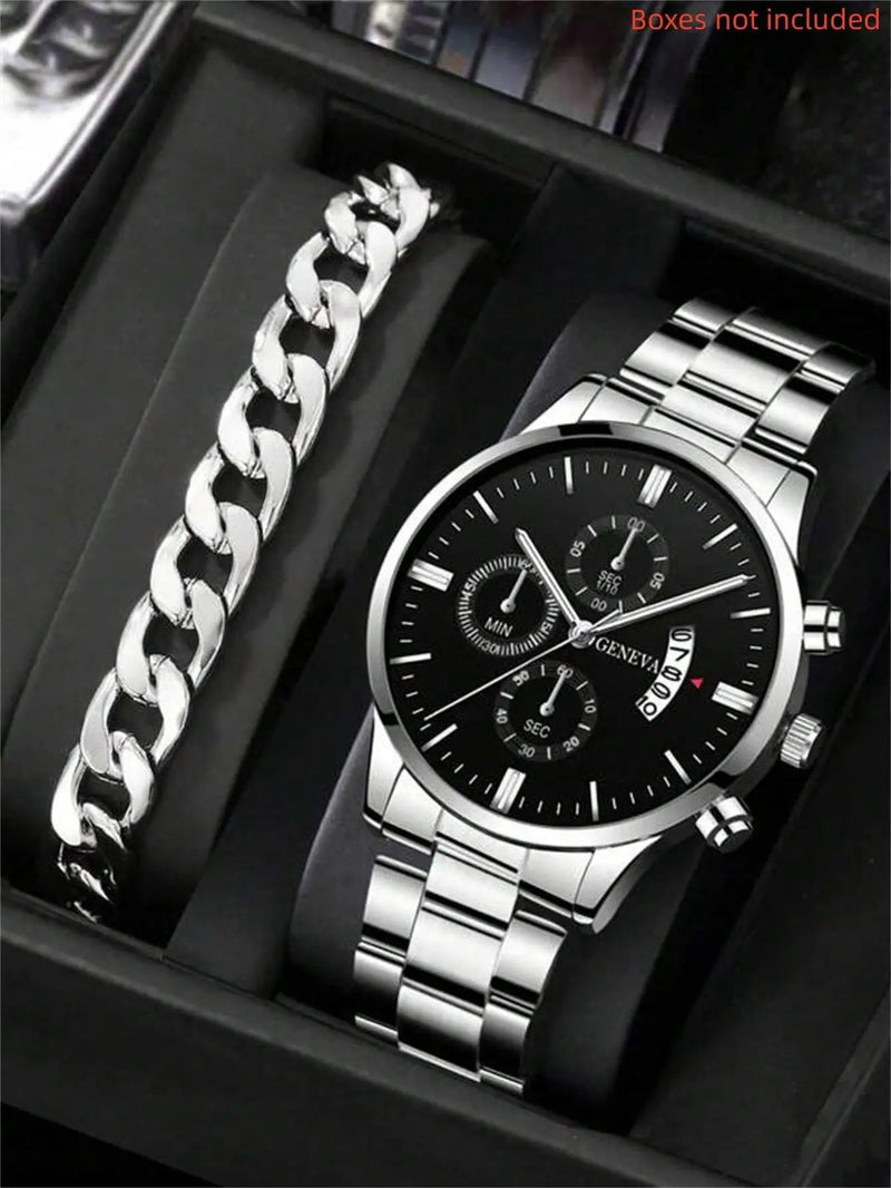 2 pçs de luxo masculino relógio de negócios calendário aço inoxidável grande dial relógios para homens moda esportes casual relógio de pulso quartzo