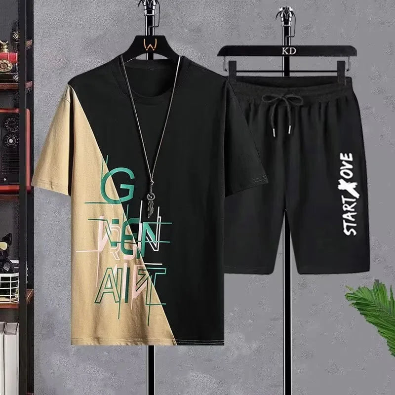 Conjunto masculino verão moda casual secagem rápida manga curta 3d impresso moda t camisa de poliéster + shorts conjunto de basquete